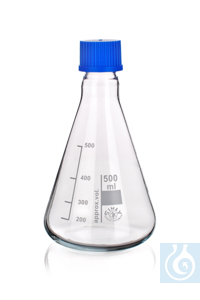 Erlenmeyer with screw neck, 100 ml, GL 25 x Ø 64 x H 100 mm, complete with blue screw cap and...